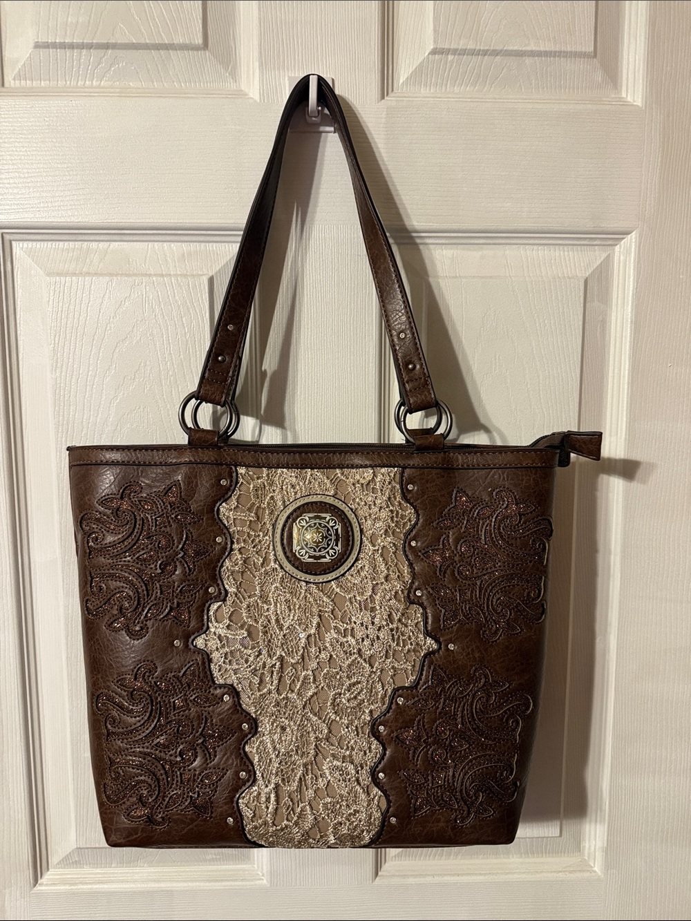 Justin Boots Brown and Cream Lace Shoulder Tote